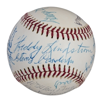 1976 National Baseball Hall of Fame Induction Multi Signed ONL Feeney Baseball With 19 Hall of Famers Signatures Including Lindstrom, Terry (Signed 2X) & Hubbard (JSA)
